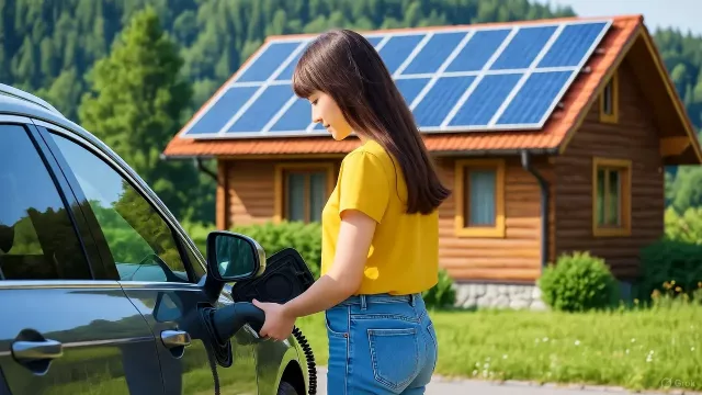 Mladá žena nabíjí elektromobil z fotovoltaiky