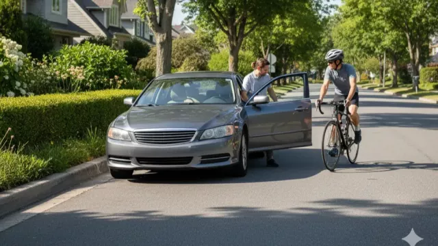 Cyklista míjí vozidlo s otevřenými dveřmi řidiče
