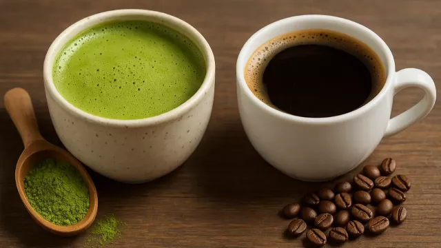 Šálky čaje matcha a kávy