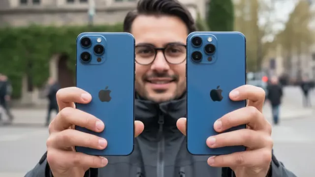 Uživatel drží v ruce dva iPhony