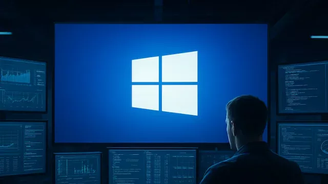 Uživatel sedí před velkou obrazovkou, na které je logo Windows