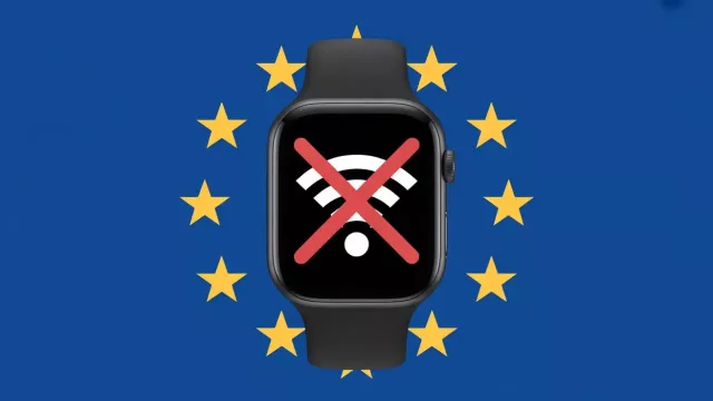 Přeškrtnutý symbol Wi-Fi na iWatch se symbolikou EU v pozadí