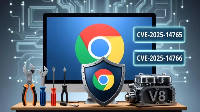Počítač s logem Google Chrome a obranný štít, navozující téma bezpečnosti