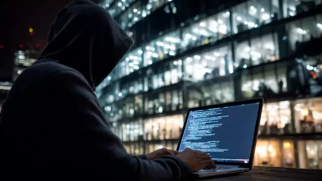 Hacker připravuje útok a na laptopu má zobrazený kód