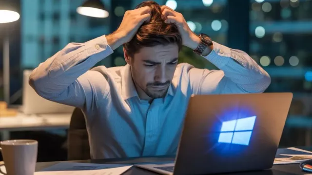 Zoufalý uživatel sedí u svého laptopu s Windows