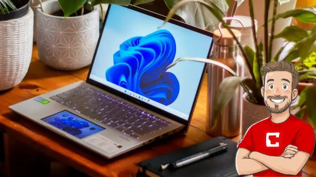 Laptop s Windows 11 v zátiší s pokojovými květinami