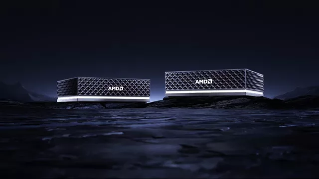Minipočítač AMD Ryzen AI Halo na tmavém pozadí