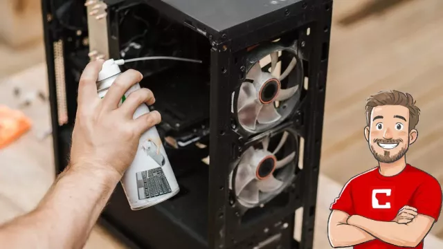 Uživatel čistí větrák PC skříně tlakovým vzduchem