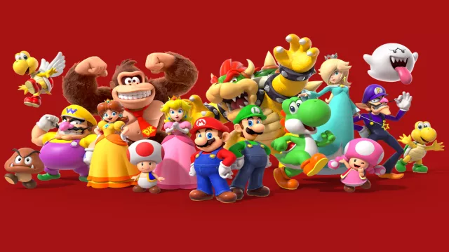 Postavy ze Super Mario na červeném pozadí.