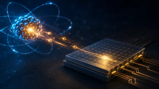 Abstraktní ilustrace atomového motivu s proudící energií na tmavém pozadí.
