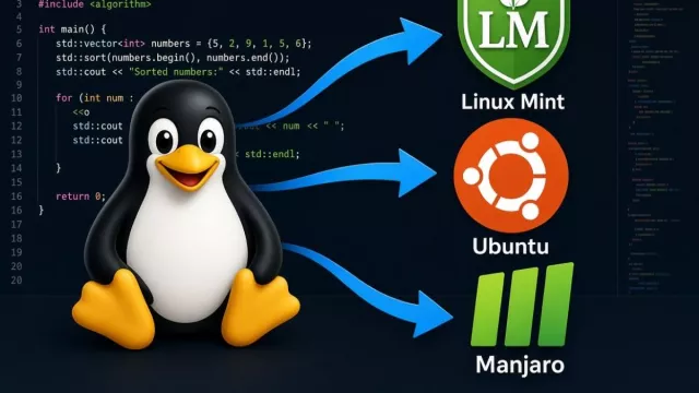 Linuxový maskot a kód v pozadí